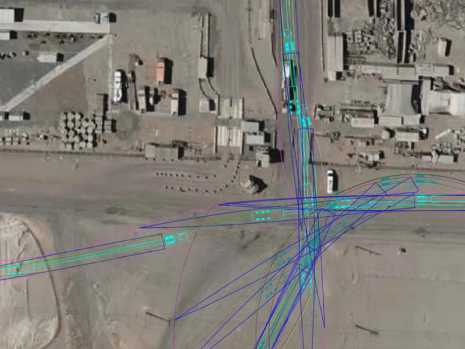 Vista aérea con la simulación de giro de un transporte especial en un cruce