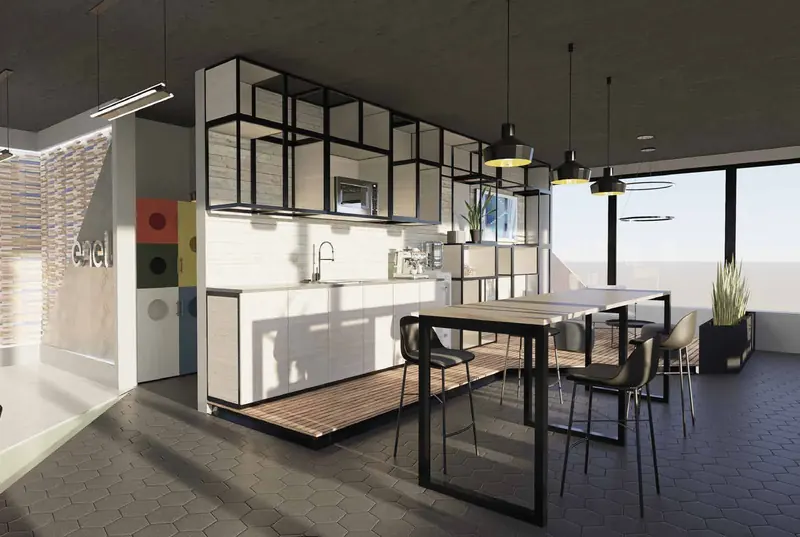 Render de kitchenette con mobiliario circular