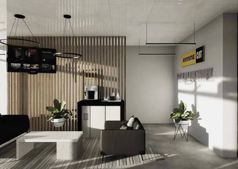 Render de oficina corporativa con mobiliario circular