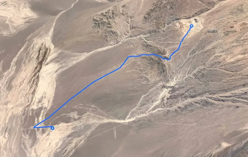Imagen aérea con el trazado de ruta hacia el terreno de Pozo Almonte