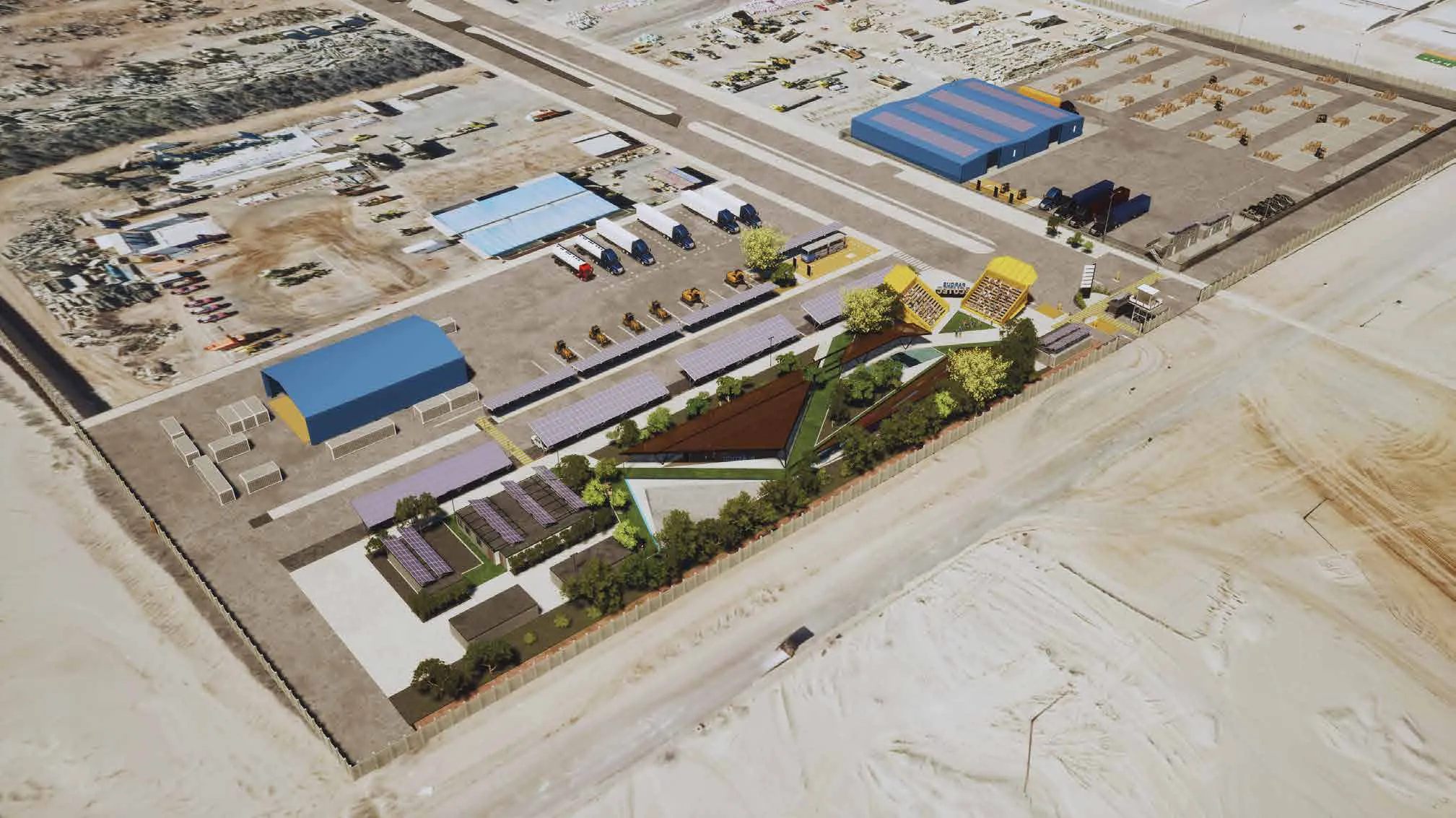 Vista aérea del pabellón modular de Spence, BHP, construido con materiales revalorizados